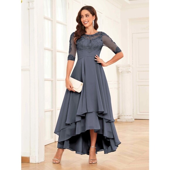 New Mother of the Bride (8) Stormy Blue Chiffon Half Sleeve Hi Lo  Maxi Dress - Picture 12 of 13
